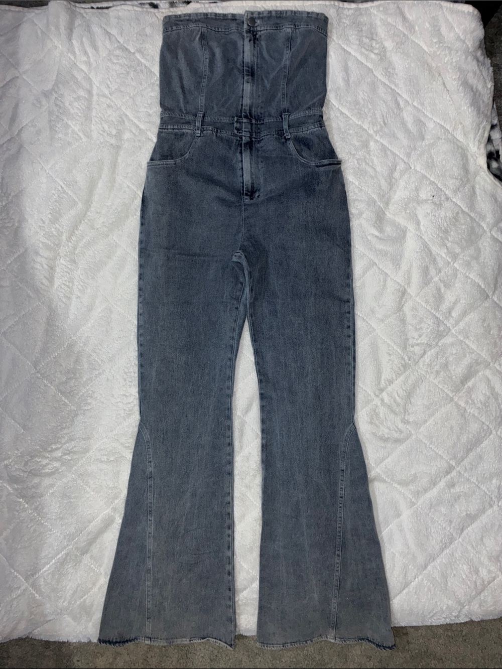 Blue Blush Strapless Jean Jumpsuit Flare